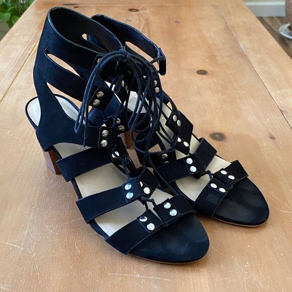 Loeffler Randal Hana Gladiator Sandals Womens Size 10 B Block Heels Black Suede - Picture 1 of 12